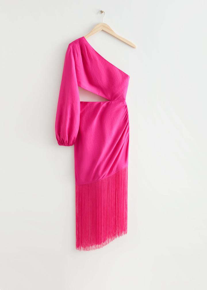 Other Stories Fringed One-shoulder Midi Dress - Pink