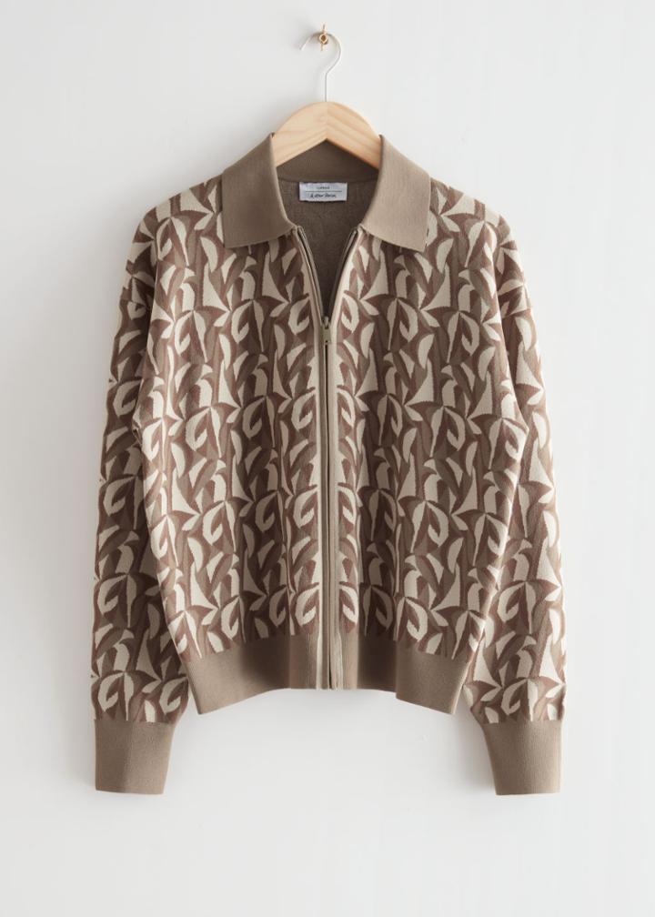 Other Stories Jacquard Knit Zipper Cardigan - Beige