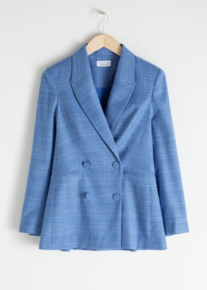 Other Stories Double Breasted Plaid Blazer - Blue