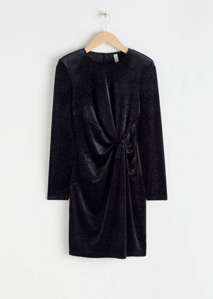 Other Stories Glitter Velour Padded Shoulder Mini Dress - Black