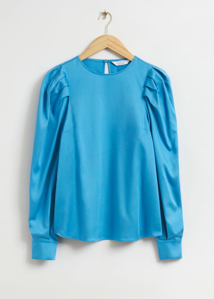Other Stories Pleated Sleeve Satin Blouse - Blue