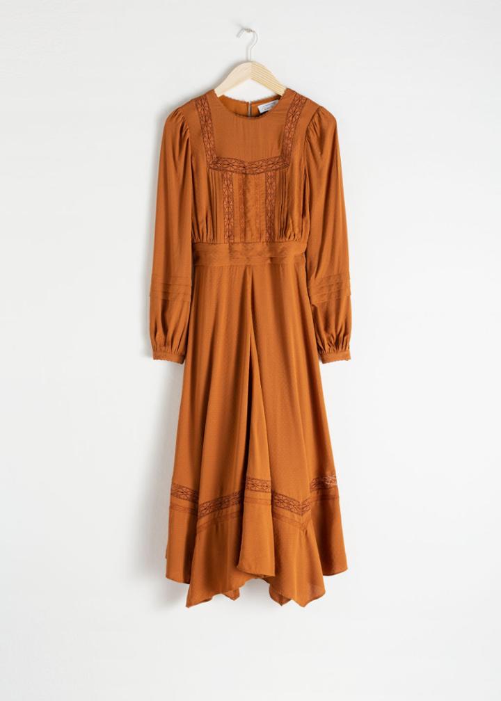Other Stories Long Sleeve Lace Trim Midi Dress - Orange