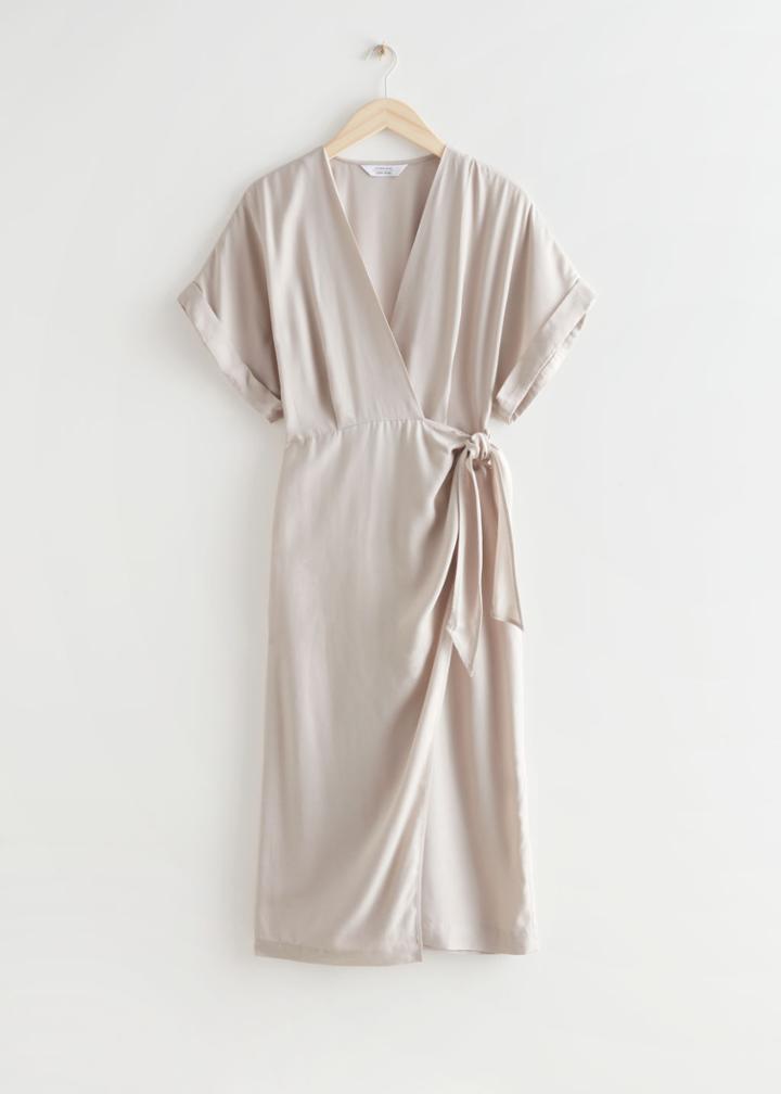Other Stories Fold-up Sleeve Midi Wrap Dress - Rust