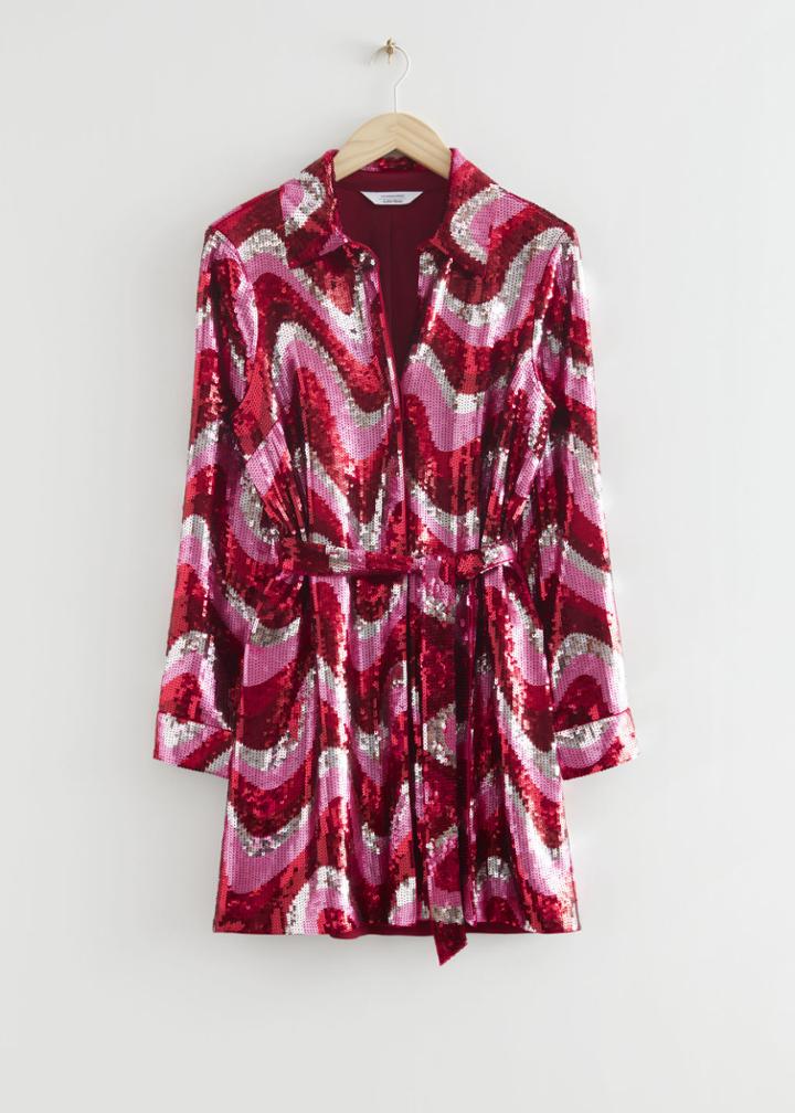 Other Stories Sequin Swirl Shirt Dress - Pink