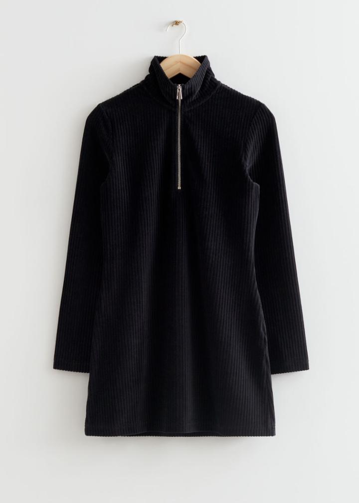 Other Stories Zip Collar Velour Mini Dress - Black