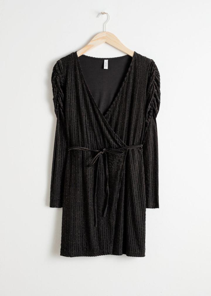 Other Stories Glitter Stripe Velvet Wrap Dress - Black