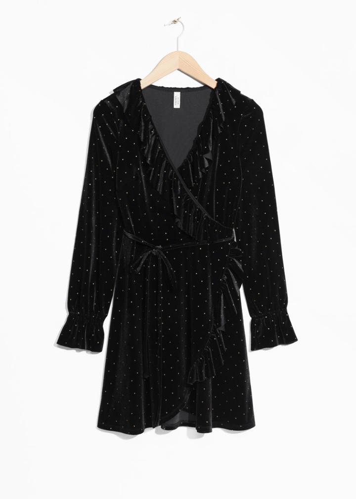 Other Stories Velvet Frills Wrap Dress - Black
