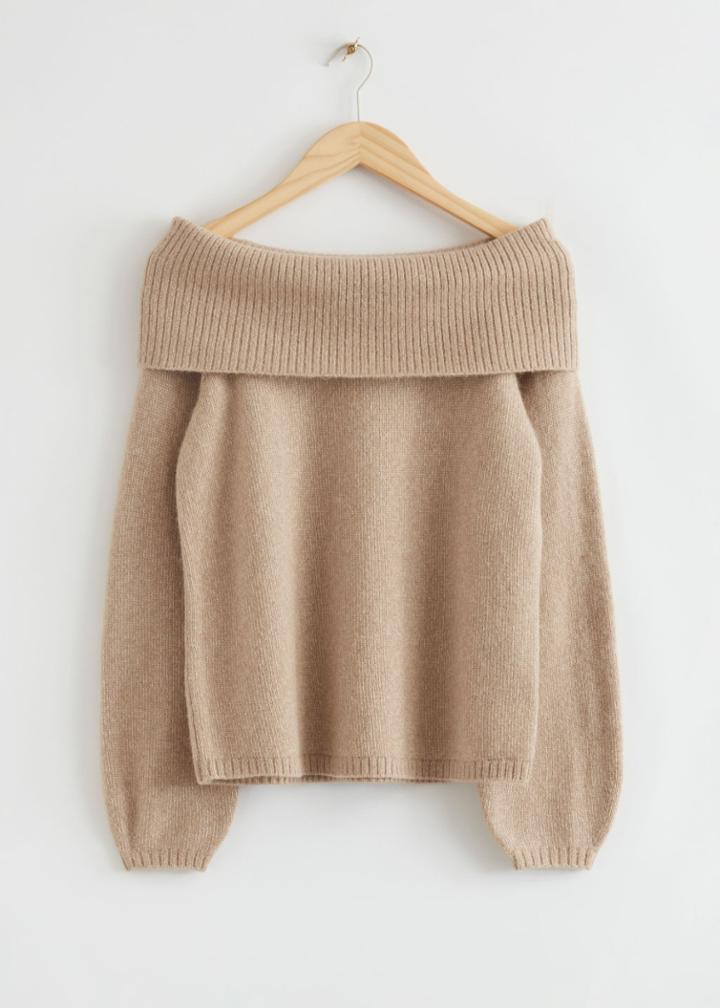 Other Stories Chunky Off Shoulder Wool Sweater - Beige