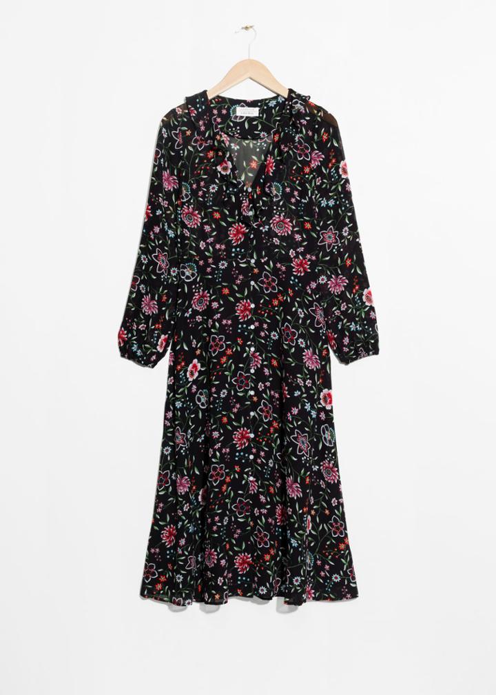 Other Stories Patterned Ruffle Midi Dress - Black