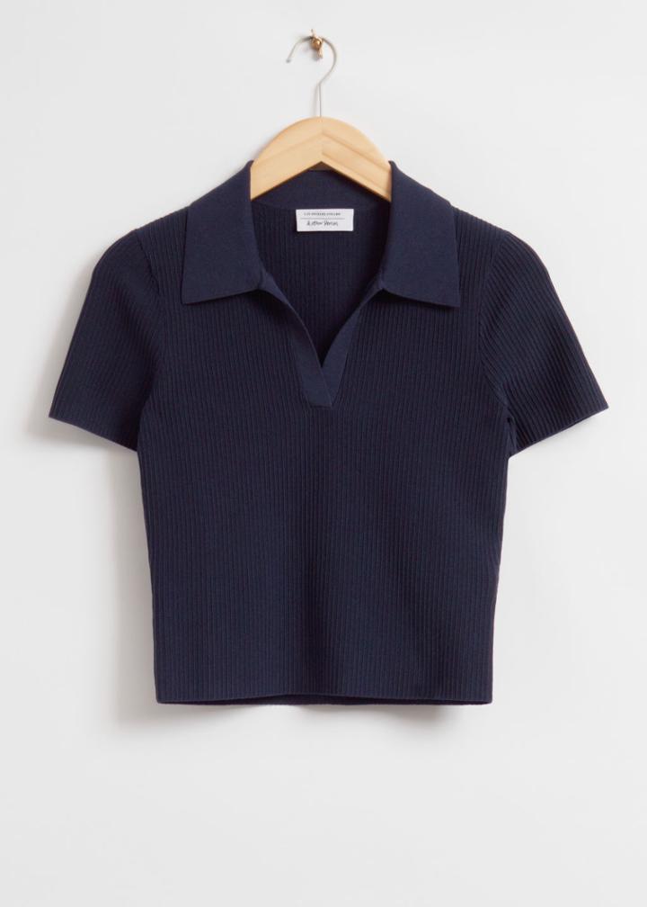 Other Stories Cropped Open Collar Knit Top - Blue