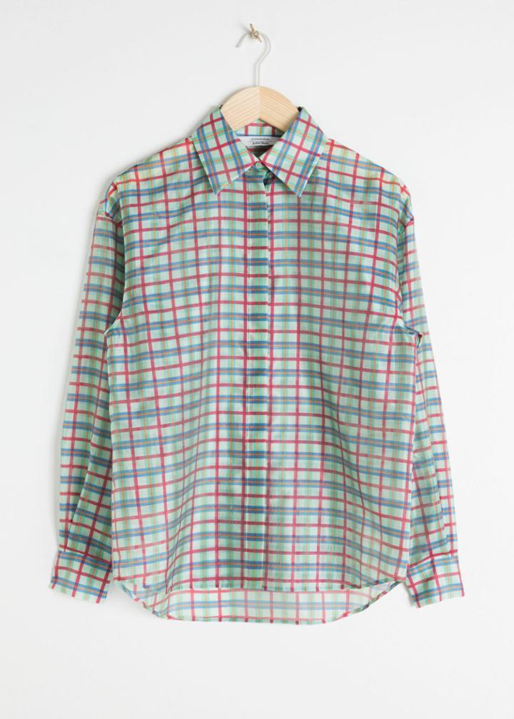 Other Stories Silk Blend Check Button Down - Green