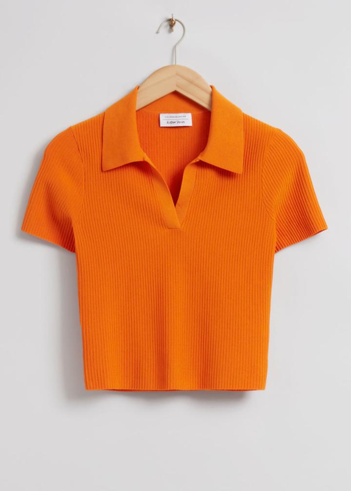 Other Stories Cropped Open Collar Knit Top - Orange