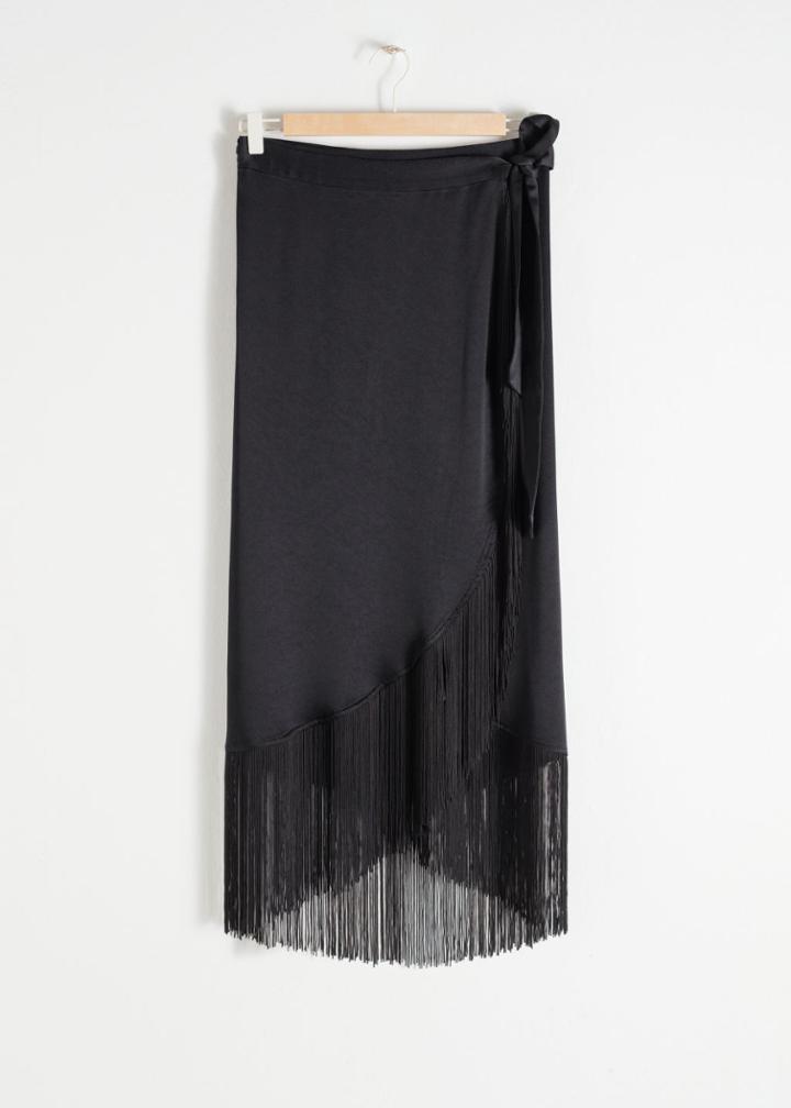 Other Stories Satin Fringe Wrap Skirt - Black
