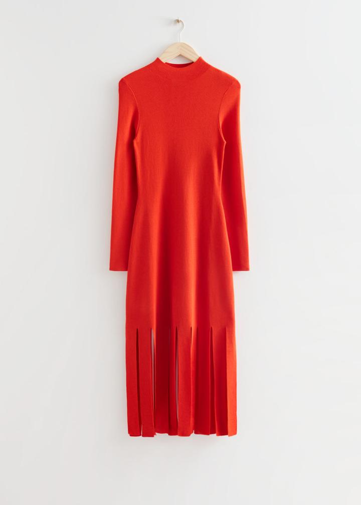 Other Stories Fringed Mock Neck Midi Dress - Orange