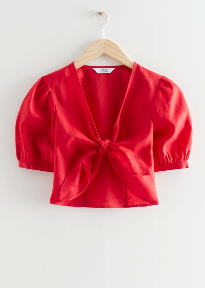 Other Stories Front Knot Linen Top - Red