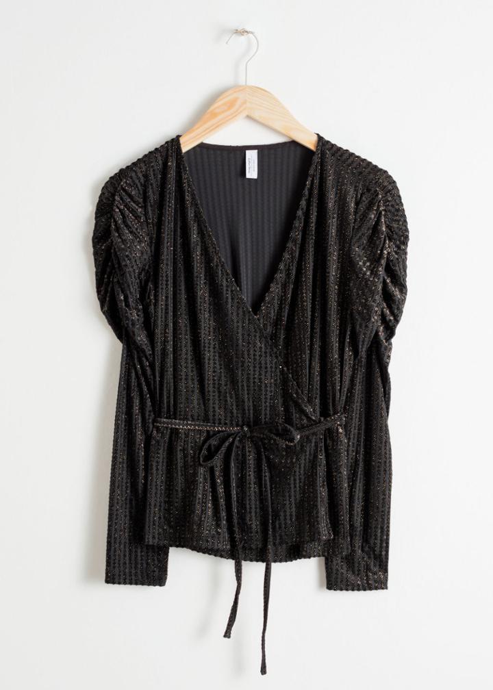 Other Stories Glitter Stripe Velvet Wrap Top - Black