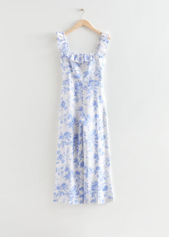 Other Stories Printed Frilled Linen Jumpsuit - Blue