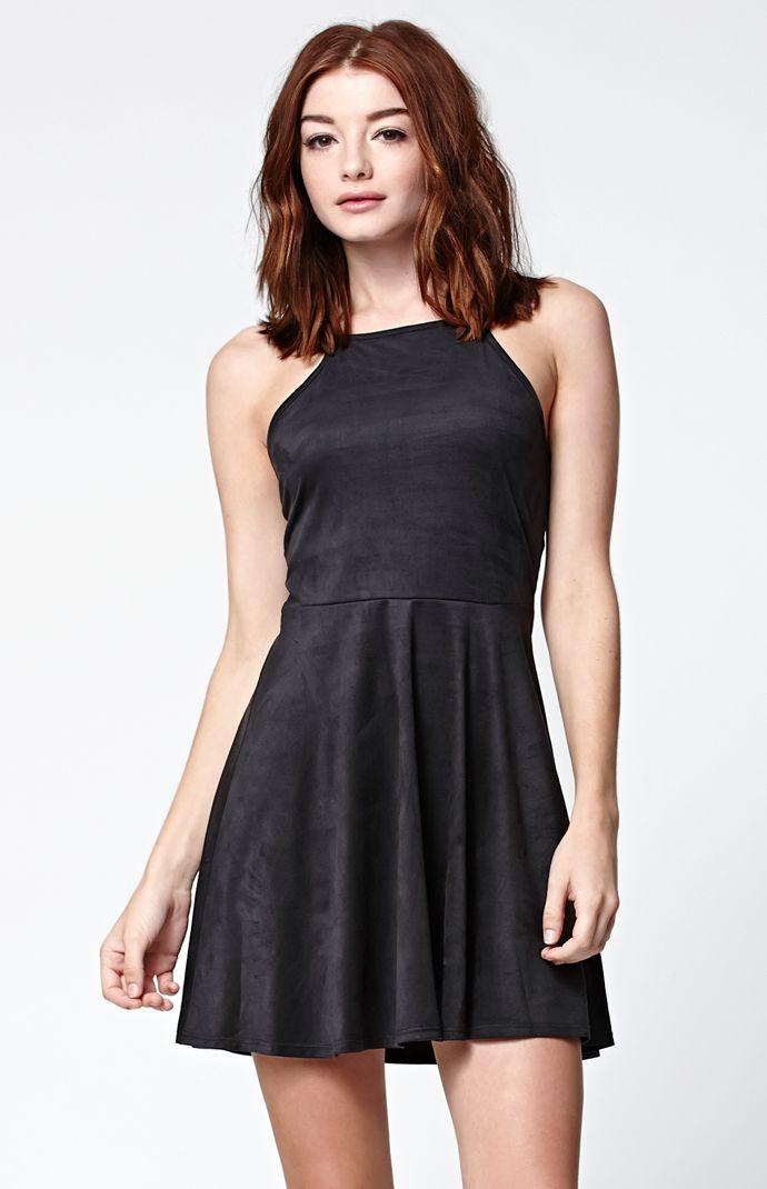 La Hearts Faux Suede Goddess Neck Fit & Flare Dress