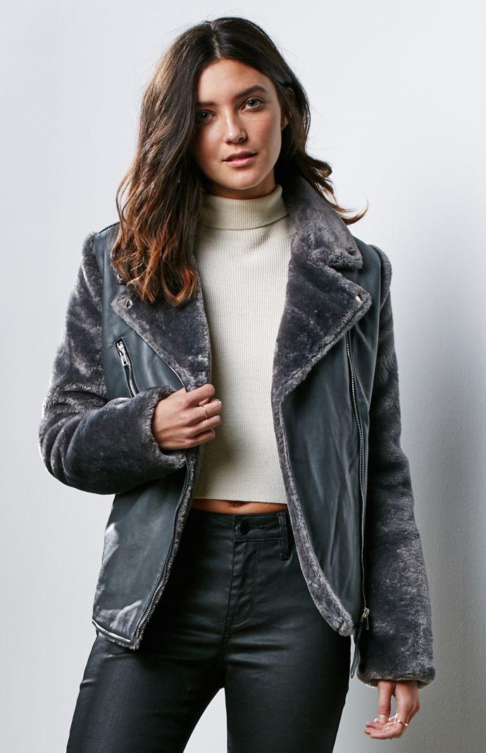 J.o.a. Faux Leather And Faux Fur Moto Jacket