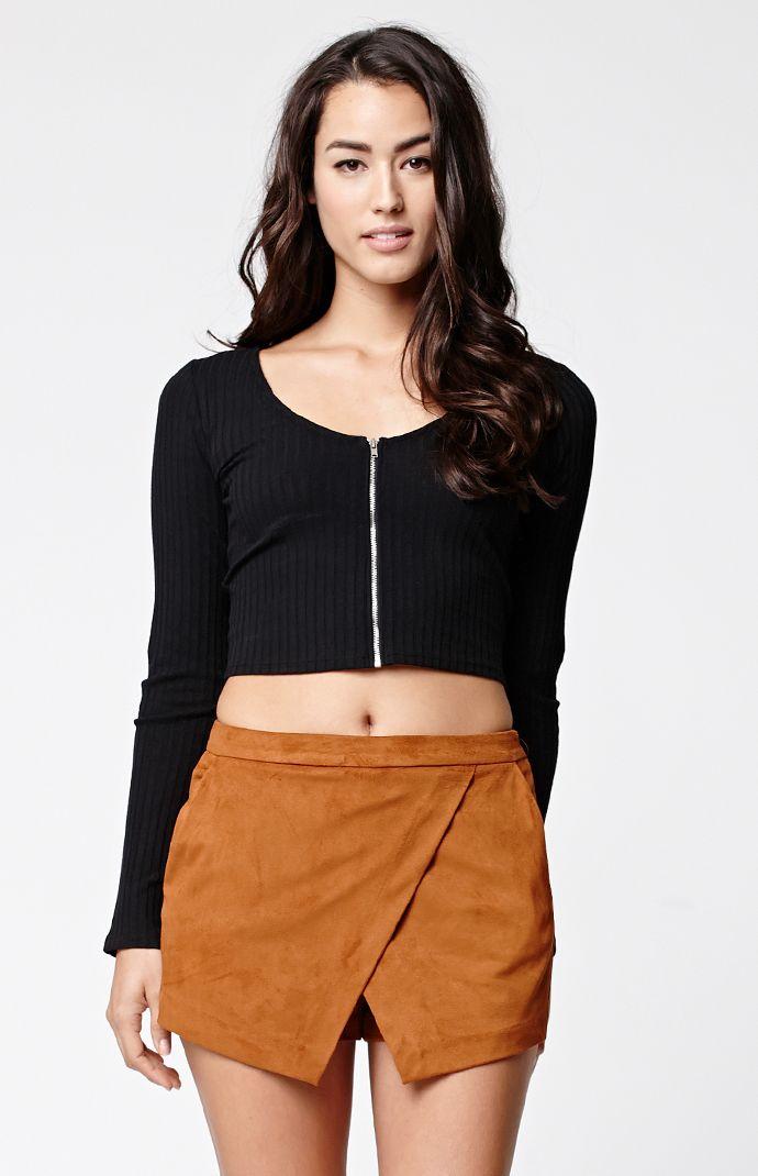 La Hearts Ribbed Zip Up Long Sleeve Top
