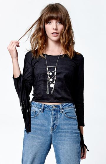 La Hearts Faux Suede Fringe Trim Long Sleeve Top