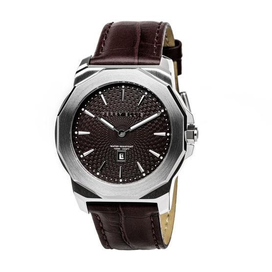 Perry Ellis Unisex Decagon Brown Leather Watch