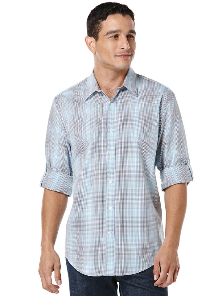 Perry Ellis Rolled Sleeve Plaid Check Shirt