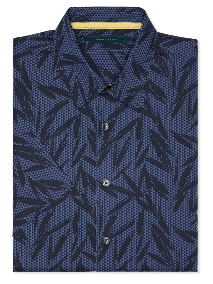 Perry Ellis Short Sleeve Tropical Leaf Poplin Button-down Shirt
