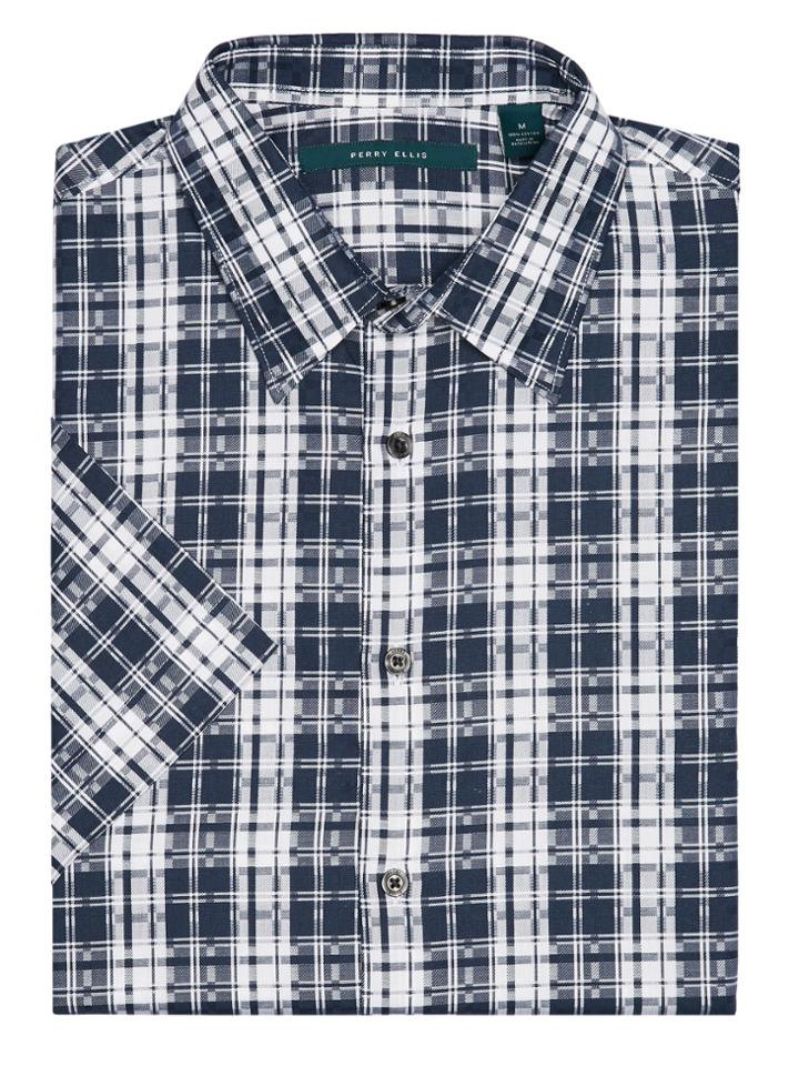 Perry Ellis Short Sleeve Broken Plaid  Shirt
