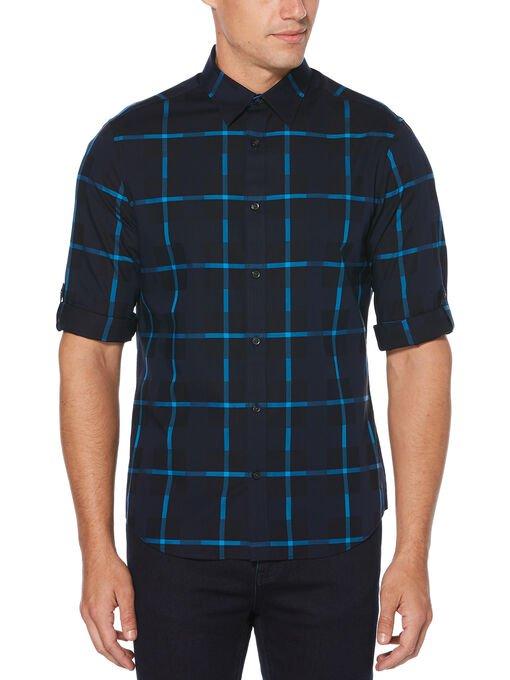Perry Ellis Plaid Dobby Untucked Roll Sleeve Shirt