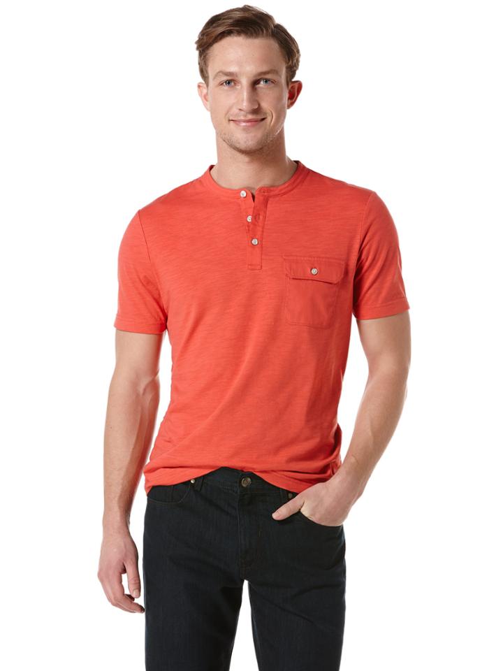 Perry Ellis Henley With Woven Pocket Knit