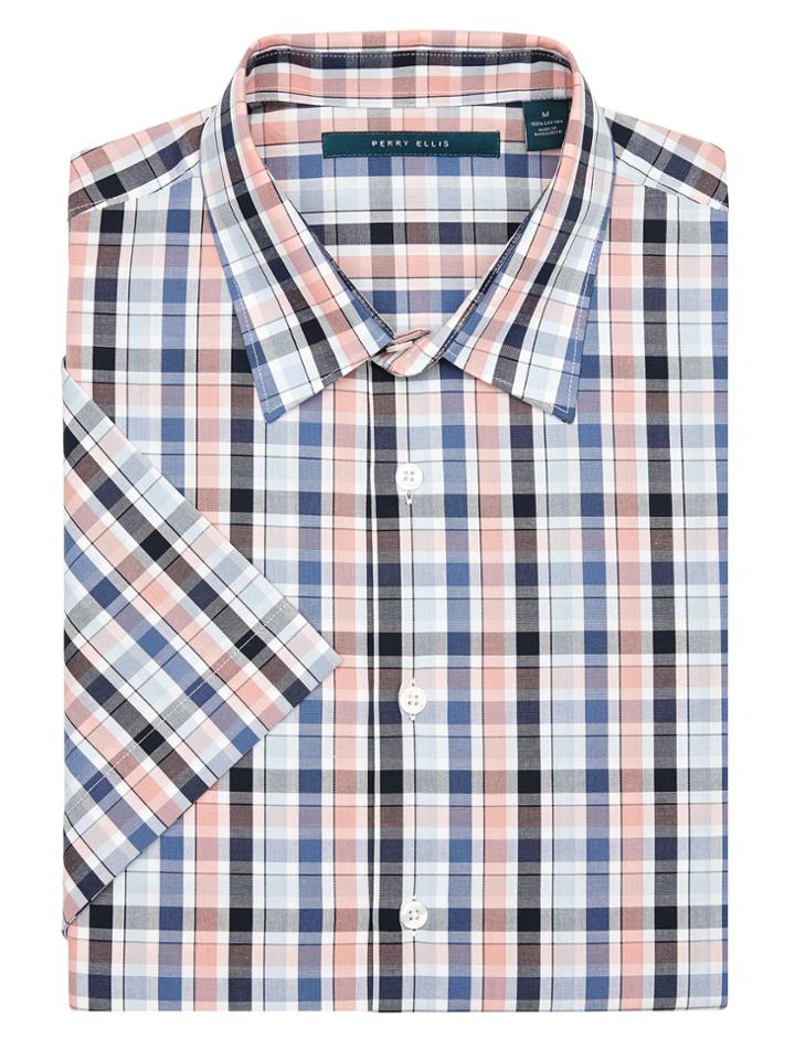 Perry Ellis Short Sleeve Linen Multi Plaid Shirt