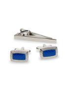 Perry Ellis Blue Rectangle Cufflink And Tie Bar Set