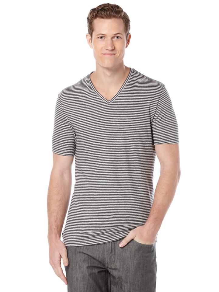 Perry Ellis Short Sleeve Linen Stripe V-neck Shirt