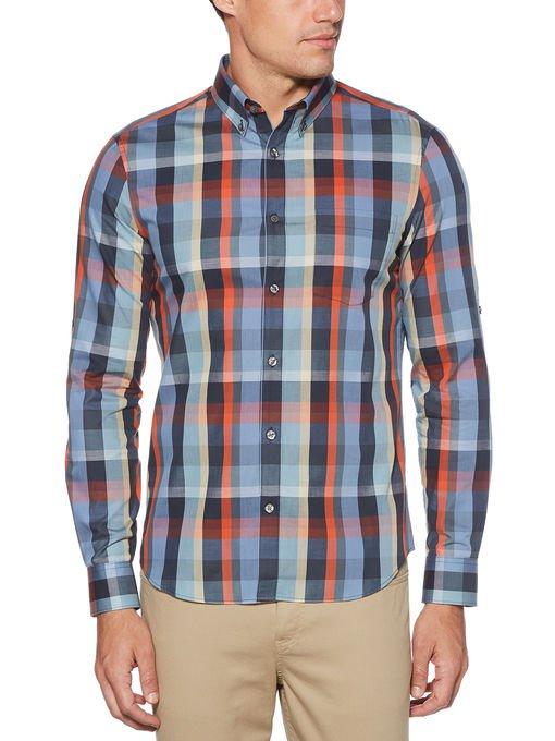 Perry Ellis Untucked Slim Fit Roll Sleeve Check Shirt