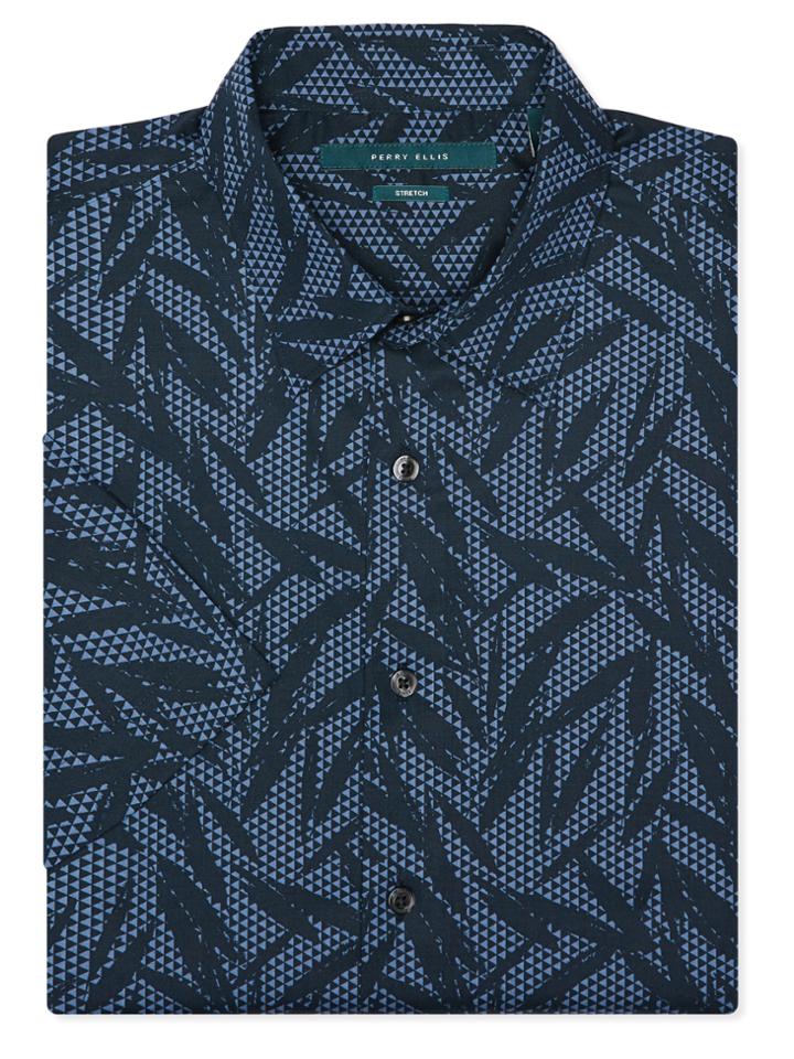 Perry Ellis Short Sleeve Tropical Leaf Poplin Shirt