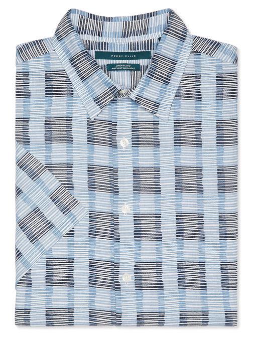 Perry Ellis Short Sleeve Linen Wavy Stripe Shirt