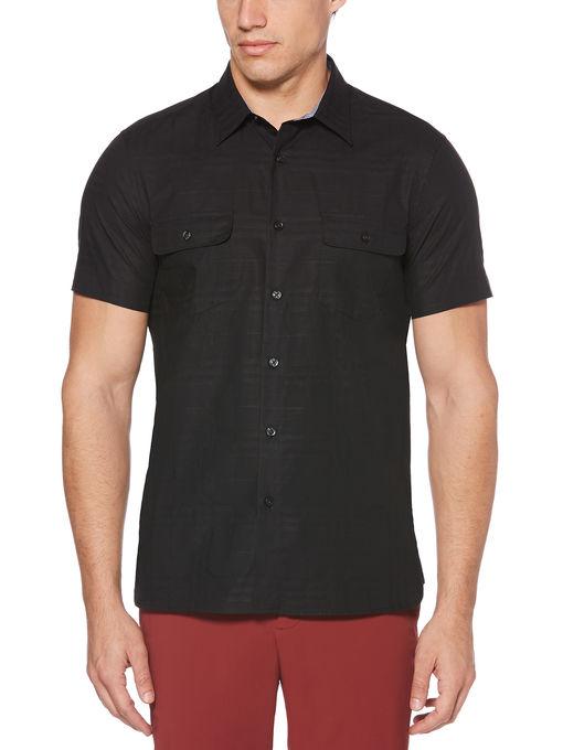 Perry Ellis Short Sleeve Solid Textured Plaid Shirt