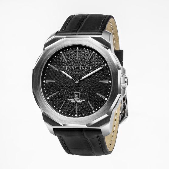 Perry Ellis Decagon Black Leather Watch