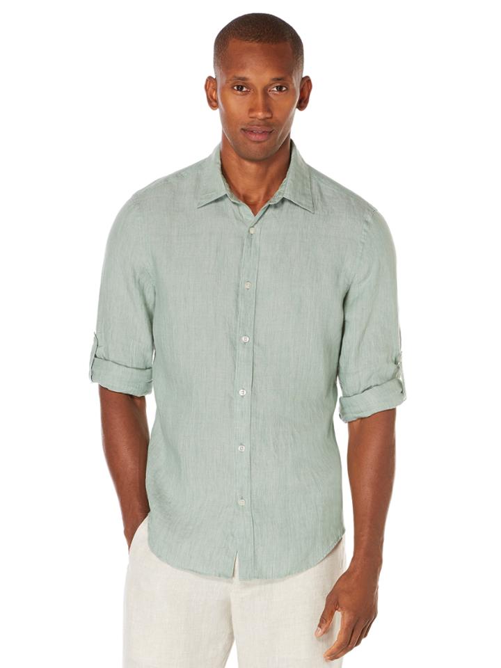 Perry Ellis Solid Linen Roll Sleeve Shirt