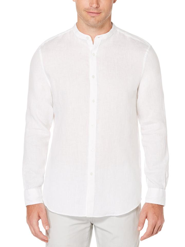Perry Ellis Long Sleeve Solid Linen Band Collar Shirt
