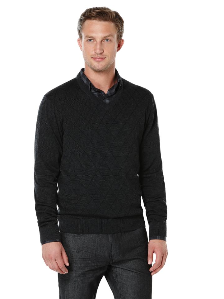 Perry Ellis Textured Argyle V-neck Sweater