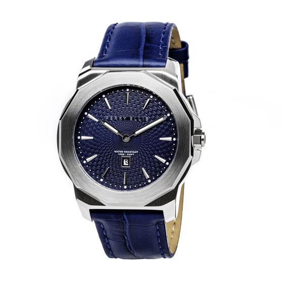 Perry Ellis Unisex Decagon Navy Leather Watch