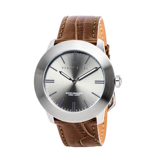 Perry Ellis Unisex Slim Line Grey Leather Watch