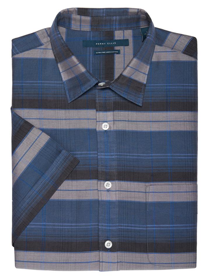 Perry Ellis Big And Tall Short Sleeve Plaid Linen Shirt
