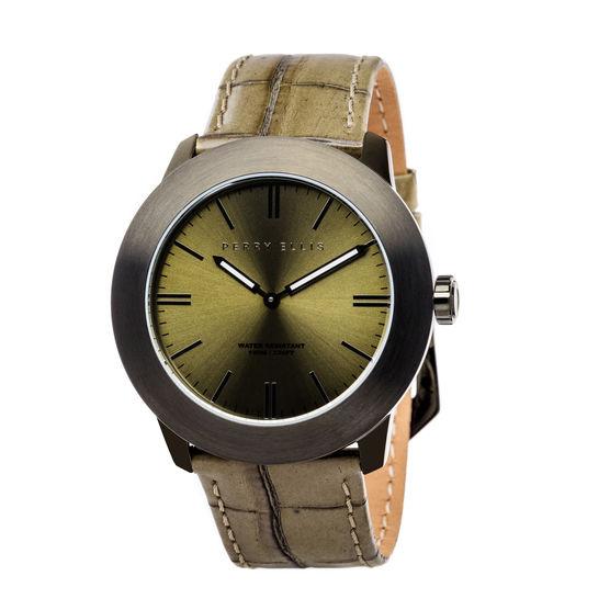 Perry Ellis Unisex Slim Line Olive Leather Watch