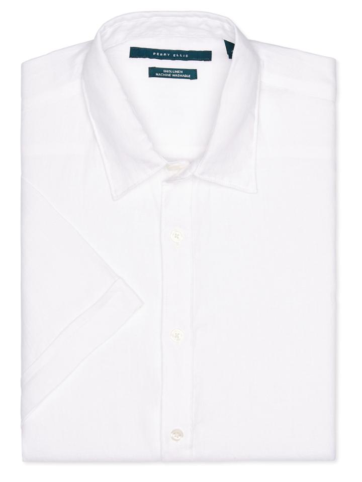 Perry Ellis Solid White Linen Short Sleeve