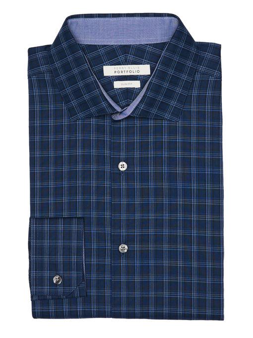 Perry Ellis Slim Fit Navy Plaid Dress Shirt