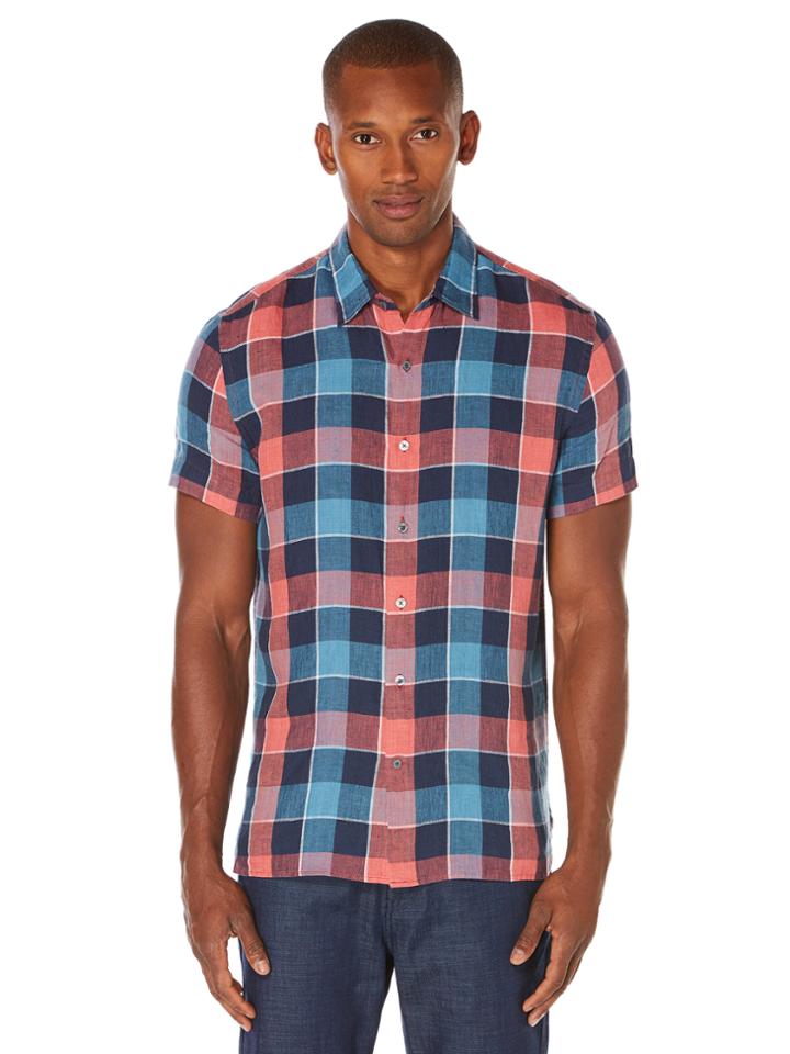 Perry Ellis Short Sleeve Multicolor Plaid Linen Shirt