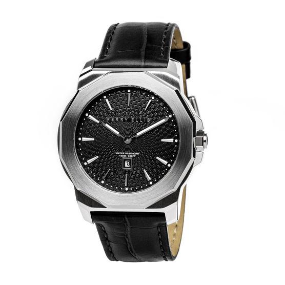 Perry Ellis Unisex Decagon Black Leather Watch